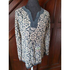 Lands End Womens Medium Black Brown V-Neck Floral Sweater Top